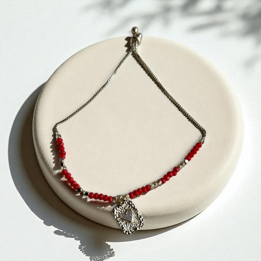 Red Beaded Heart Charm Bracelet