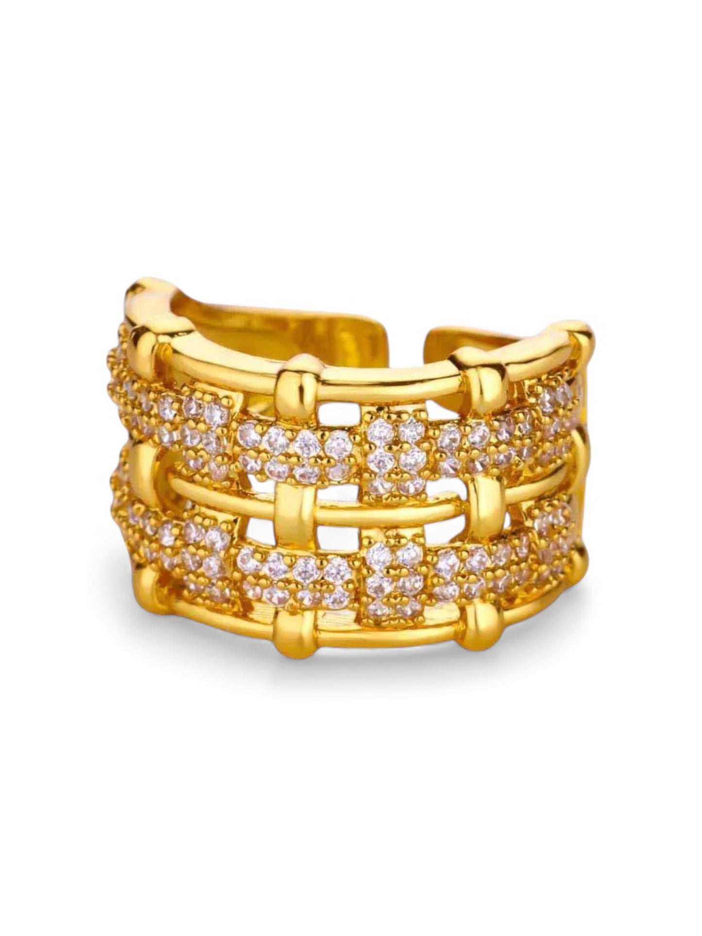 Gold ring with diamond accents on a white background