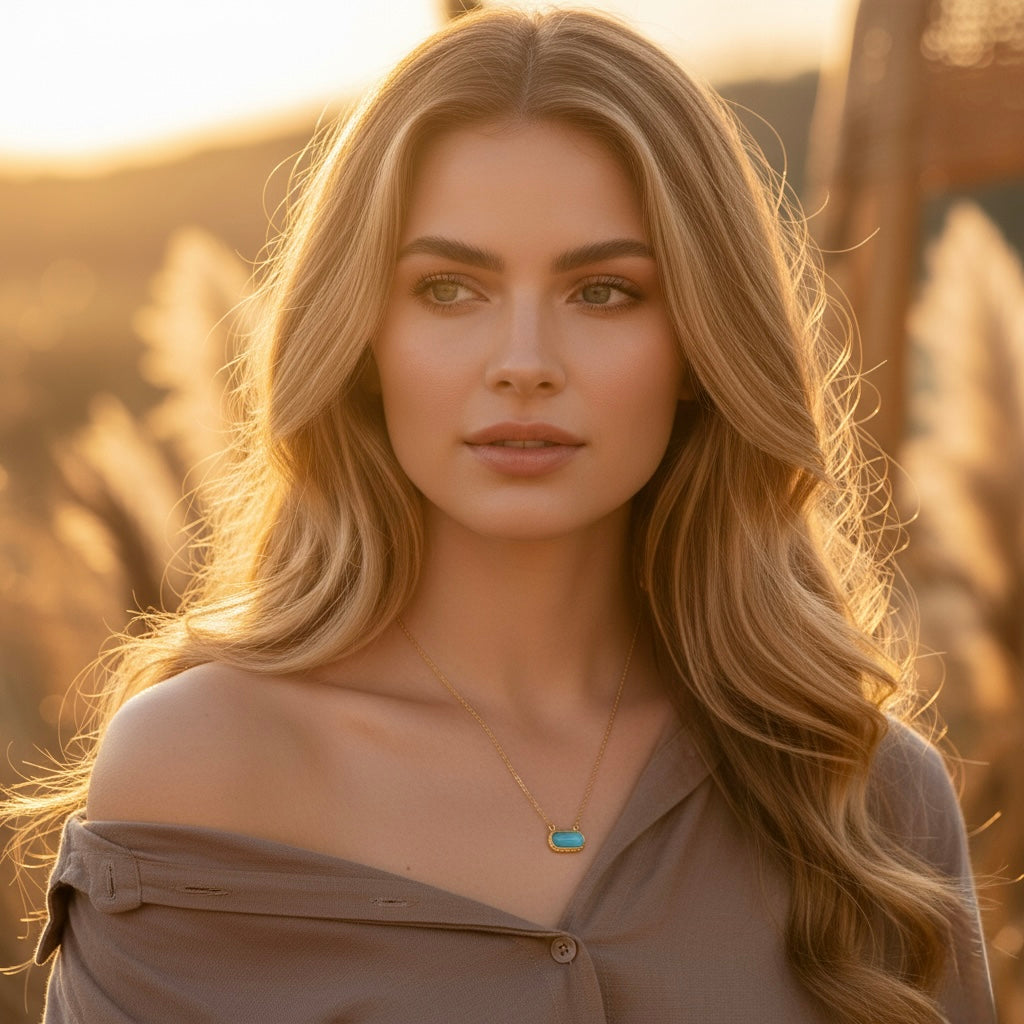 Woman with long blonde hair and a necklace in a warm-toned outdoor setting