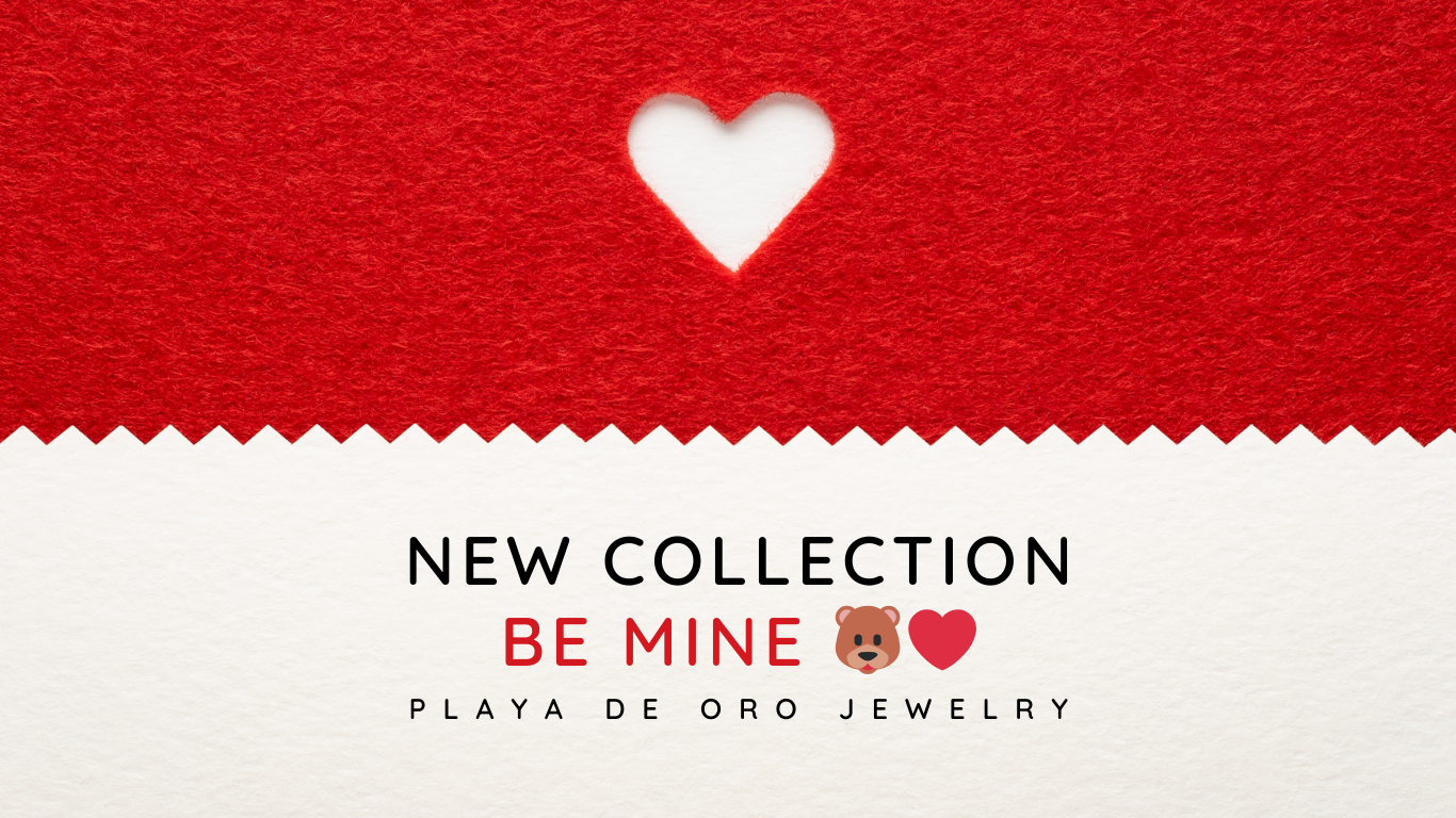 Promotional banner for Playa de Oro Jewelry's 'Be Mine' collection with a red and white background and heart design.