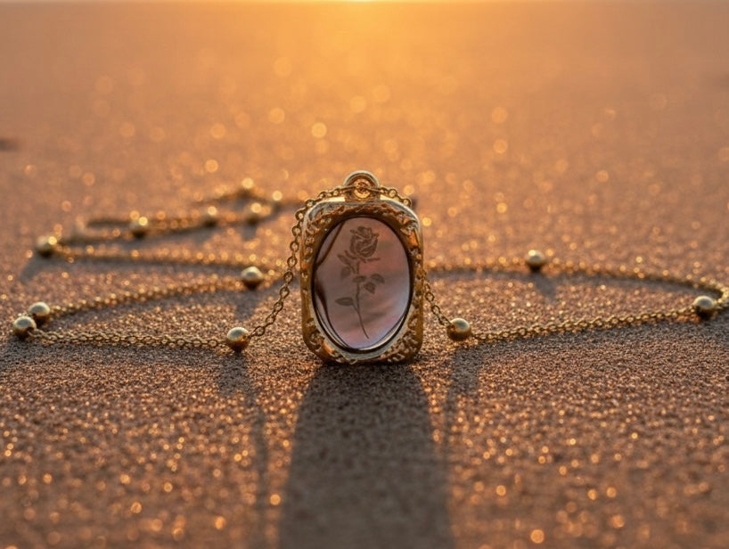 Gold necklace with a heart-shaped pendant on a textured surface with a warm glow.