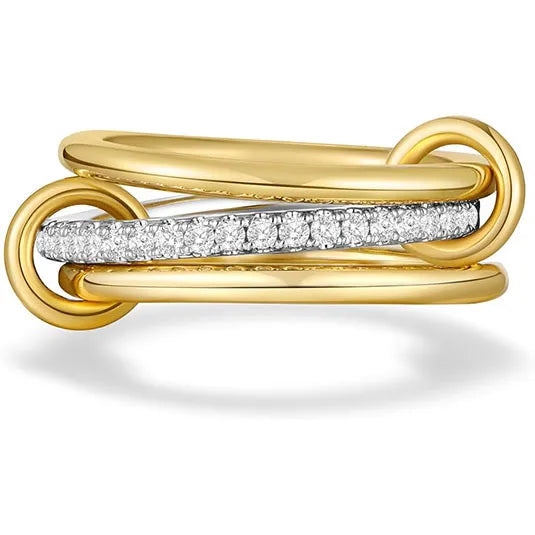 Gold ring with diamond accents on a white background