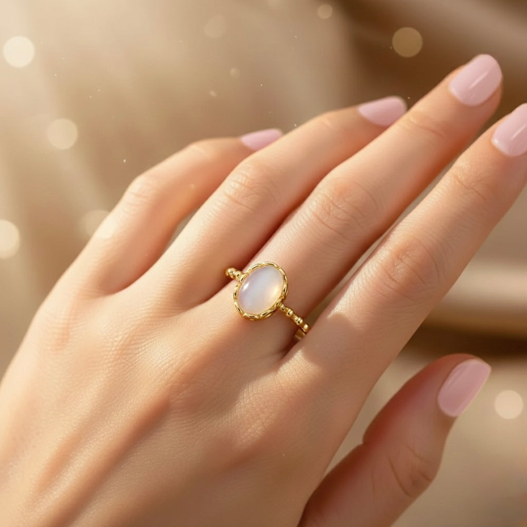 Gold ring with a white stone on a hand with pink nail polish against a blurred background